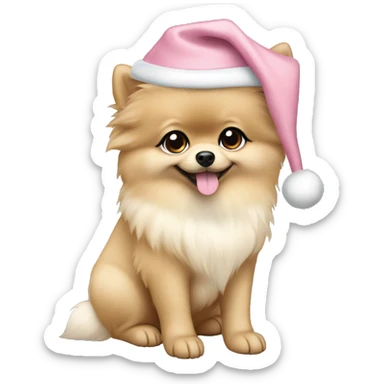 beige pomeranian puppy full body light blue eyes pink christmas hat on sticker