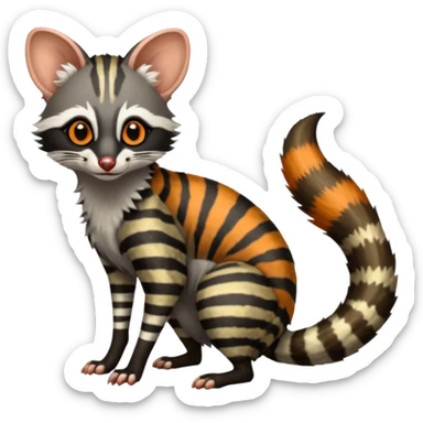 Feral Rare Fantasy shaded detailed colorful Genet-Possum-Trico-Civet-Cacomistle-Oncilla-species by LiLaiRa,, with white stripes with dark-blackish points, white belly, random markings, tufted tail, tufted ears, full body sticker