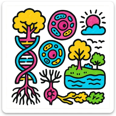 A realistic biological illustration (like in a school book) showing: DNA strands transitioning into a tree, cells with visible organelles, neurons connected to plant roots  and a balanced ecosystem background . Seamless integration, no labels or borders, complete white background (not off white!), detailed but minimalist.  sticker