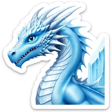 Cinematic Noble elegant Ice Dragon Portrait Emoji, Poised and imposing, distinct long elegant snout, with a slender, scaled body shimmering in glacial hues of icy blue, frostbitten silver, and crystalline white, breathing out frost, with piercing, glowing ice blue white eyes that radiate the chilling depths of an arctic storm; rendered in detail. excuding wisdom sticker