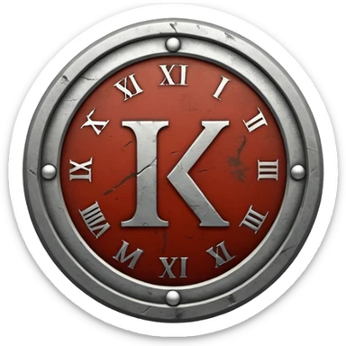 a steel badge with engraved roman numerals—looks battle worn sticker