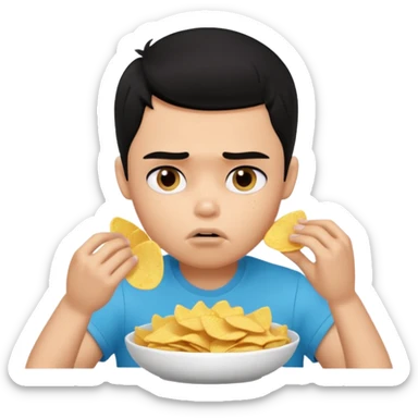 a PRETTY BRATZ boy with black hair, stuffing his face with chips and looking sad sticker