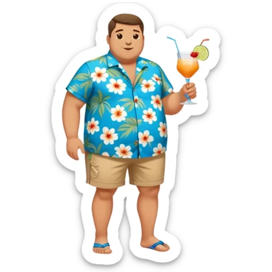 chubby guy full figure in a flowered azure havai shirt, brown shorts and flippers holding a cocktail sticker