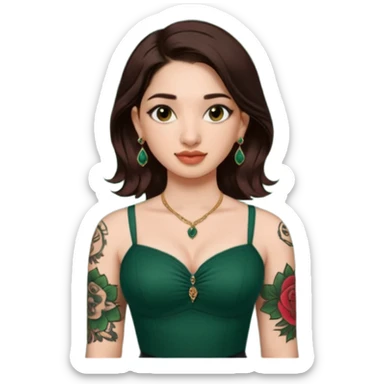 pretty bratz genmoji that looks like tamannah bhatia (bollywood actress), wearing a dark green sweetheart neckline top, dark brown hair, light makeup, no necklace, dangly earrings, side hair part, dark BROWN eyes, with full tattoos and neck tattoo big, fair sticker