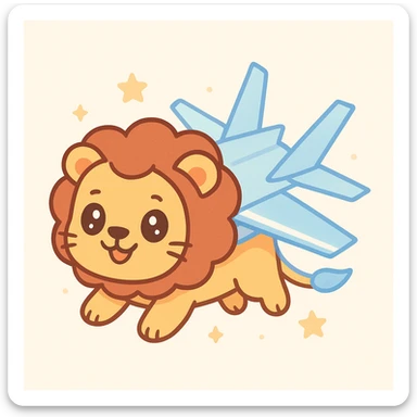 A cartoon lion styled like Nyan Cat with F-35 jet wings replacing the rainbow, rising upward, blue and white color palette, whimsical and playful sticker