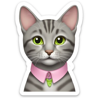 Gray tabby cat with lime green eyes wearing a baby pink collar sticker