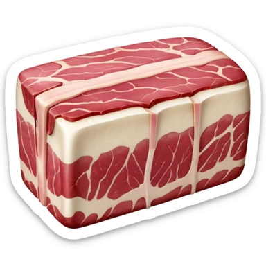 raw lamb breast cut, rectangular layered shape with alternating bands of pink-red meat and creamy white fat, slightly marbled texture, visible bone segments or cartilage tips along one side, moist rich appearance, no tray garnish or seasoning, soft lighting, subtle shadows, emoji scale sticker
