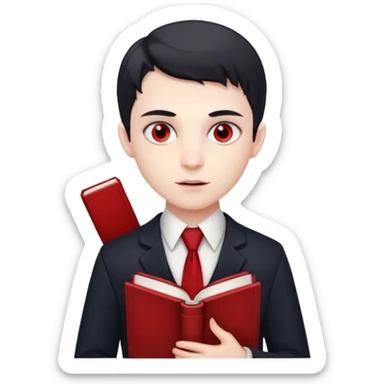 {
      "type": "human",
      "look": "young vampire student, tidy uniform, tie, red eyes, holding book",
      "description": "a young vampire student with red eyes wearing a neat uniform and holding a book"
    } sticker
