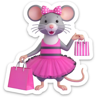 rat with a pink dress and tutu holding a black and white striped shopping bag sticker