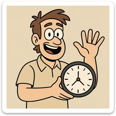 male character holding a clock in one hand, other hand raised showing five fingers, modern illustration sticker