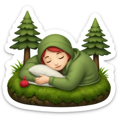 cozy forest character curled up on moss pillow with nightcap sticker