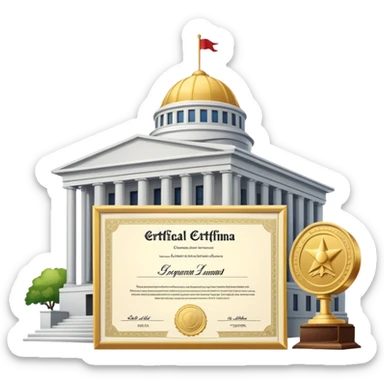 Government building with an official certificate or diploma document next to it sticker