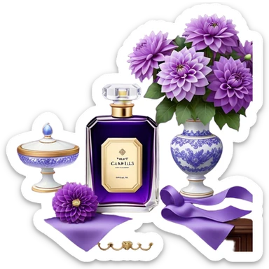 An ornate dark amethyst French-style perfume bottle, adorned with filigree accents, sits beside a porcelain dish of violet-hued petals. Lush periwinkle dahlias spill from a crystal vase, their soft petals contrasting with the bottle’s rich purple tones. A silk ribbon in muted lilac drapes across the wooden dresser, completing the dreamy vintage scene. The faint aroma of iris and musk lingers, reminiscent of an old-world Parisian boudoir. sticker