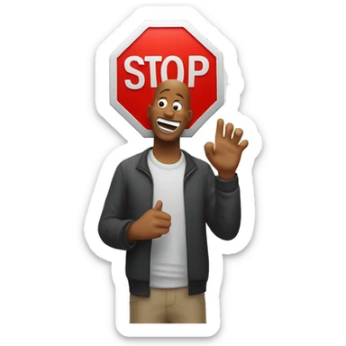 stop sign holded by a laugh guy sticker