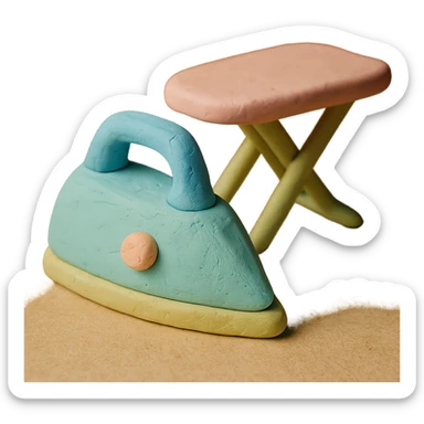 iron and ironing board in claymation style, pastel colors, visible fingerprints, soft matte finish sticker
