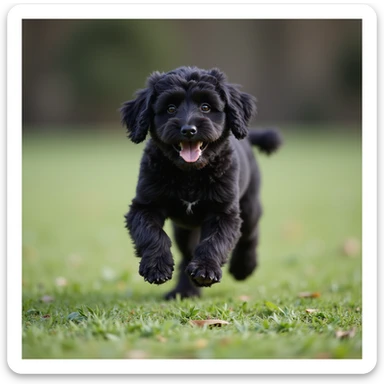 photorealistic black doodle dog running in a park, accurate details, green grass background sticker