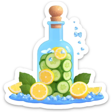 potion bottle with a perfectly round floating bottom, very small cork, very short neck, filled with #00d9ff liquid, inside cucumber slices, lemon slices, ice cubes, edible flower petals, and magical sparkles, soft lighting, transparent glass, clean background, fantasy style sticker