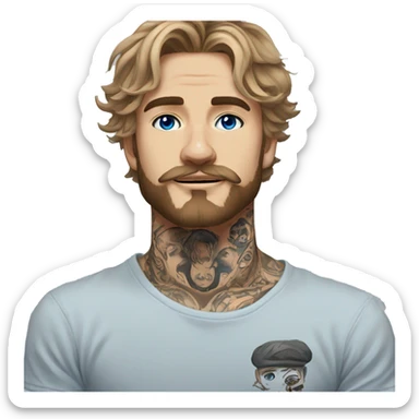 Man with Light brown hair, neck tattoos, arm tattoos, mustache and beard, blue eyes, silver nose piercing hoop, black anime graphic tee sticker