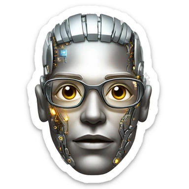 Male cyborg head with metallic skin, flat top, rectangular glasses and circuits sticker