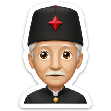 black suited old with fes hat sticker