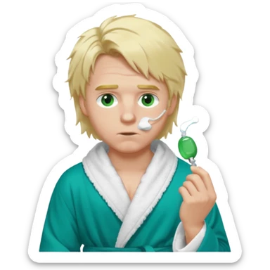 A white man with green eyes, medium-length blond hair, a blue Cartier watch on his wrist, and a black and white bathrobe. His hair is messy, and he has a white pacifier in his mouth. sticker