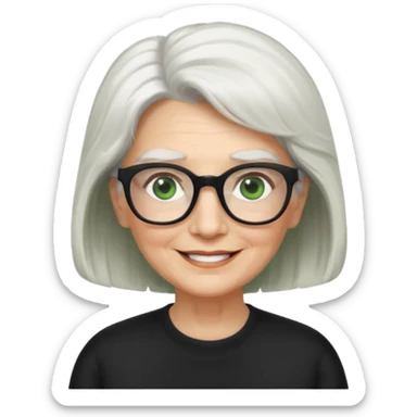 White hair grandma, green eyes, hair to shoulder, lokeg black glasses, rectangles face, smile , sticker