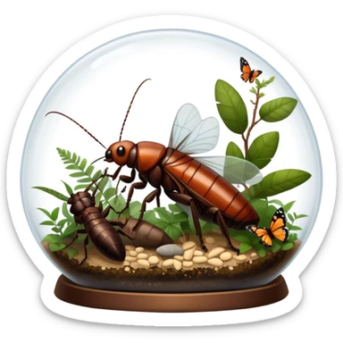 Close-up of giant Madagascar hissing cockroaches, butterflies, and stick insects inside a terrarium, with detailed textures of their bodies, wings, and legs. Soft lighting highlights their features. Transparent background. sticker