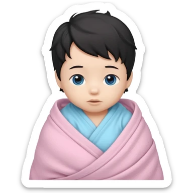 a  asian newborn baby with black wavy hair and blue eyes wrapped in a light pink swaddle sticker