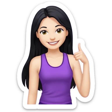 white woman in y2k purple tank top, long black hair, smiling sticker