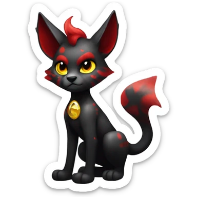 black Shiny Fionbri-Falvie-sparkle-sona with yellow eyes, red edgy markings full body fursona sticker