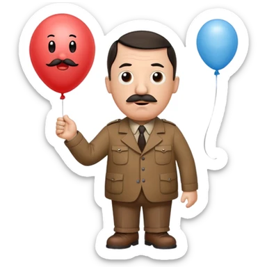 Adolf Hitler as a Mr. Men character, funny and cartoonish, with a small mustache and a surprised expression, wearing a brown shirt and holding a balloon sticker