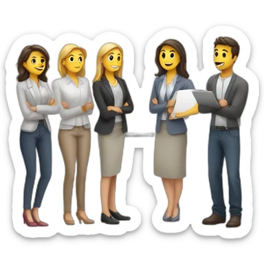 work colleauges standing around a whiteboard leraning togehter sticker