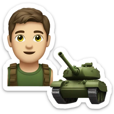 A man with brown hair and green eyes, driving a tank sticker