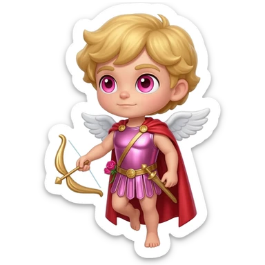 Cupid from Roman Mythology with rose-pink eyes, blonde hair, pink metallic tunic, red metallic cloak sticker