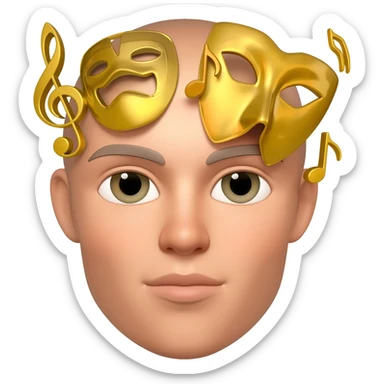 crea un emoji con notas musicales y mascaras de teatro de las de cara completa, en colores dorados sticker