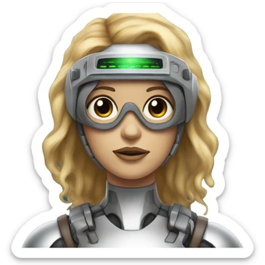 female cyborg head, fair skin, Brown long hair with blonde steaks, space age goggles and circuits sticker