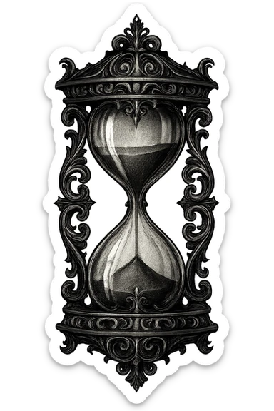 gothic hourglass, black and silver, ornate and dramatic, no background sticker