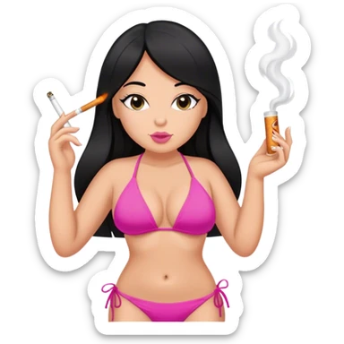 caucasian curvy girl in pink bikini, long straight black hair smoking  sticker