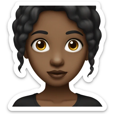 Girl with white skin tone, big eyes, small lips, big nose, long black hair, black T shirt
 sticker