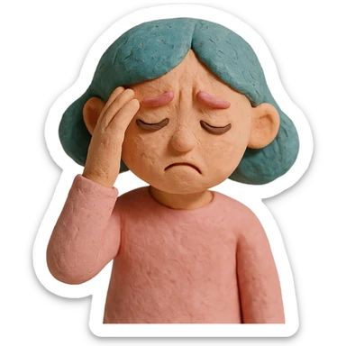 claymation style sad girl with headache, hand on temple, pastel colors sticker