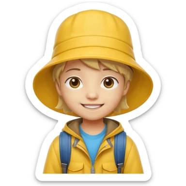 Little student wears yellow bucket hat and jacket, backpack, happ sticker