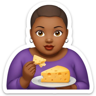 Black fat woman with buzz cut eating cheese sticker