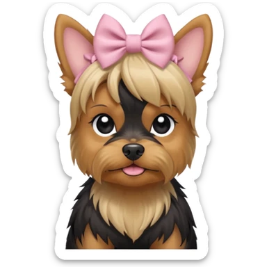 a Yorkshire Terrier face with a ponytail on head tied with a bow. Cute expression, flat design, pastel colors sticker
