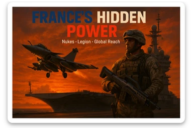 epic dusk scene of Rafale jet taking off from Charles de Gaulle carrier with orange sunset, foreground showing a Legionnaire in desert camo with a sci-fi rifle, bold tricolor headline 'FRANCE’S HIDDEN POWER' with subtext 'Nukes • Legion • Global Reach', cinematic, 8K resolution sticker