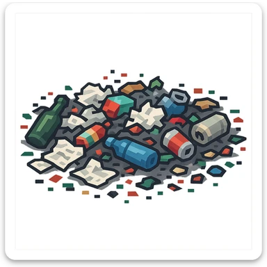 Make the trash on the floor look much messier, with more scattered items, in a pixel art style, no background. sticker