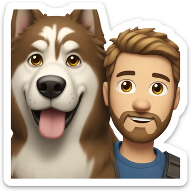Heavy White man brown hair beard with husky dog  sticker