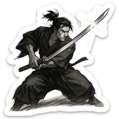 Japanese katana, dynamic pose, blade glinting, dramatic angle sticker