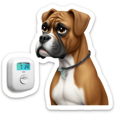 Boxer dog with the thermostat in its mouth with tired eyes ￼ sticker
