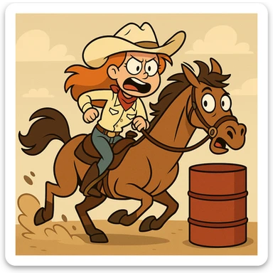 a girl barrel racing on a horse, western cartoon style, exaggerated expressions sticker