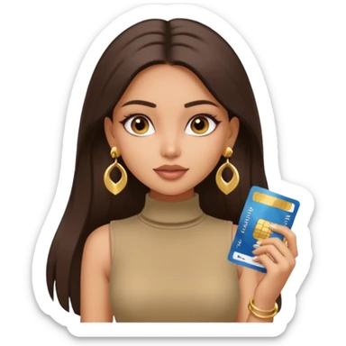 a pretty bratz fair indian girl wearing a beige sleeveless turtleneck, golden earrings, straight ling hair, holding bank cards, dark brown hair sticker
